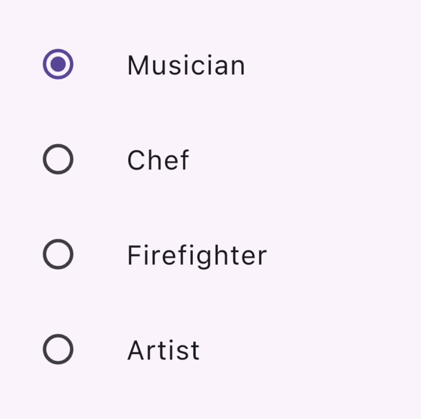 A GIF of 4 ListTiles in a column, each containing a leading Radio button
and title text. The Radio buttons are selected in order from top to bottom.