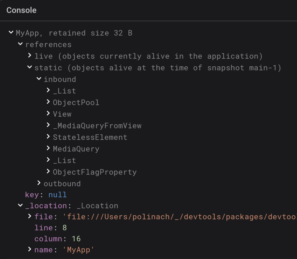 Screenshot showing inbound and outbound references in Console