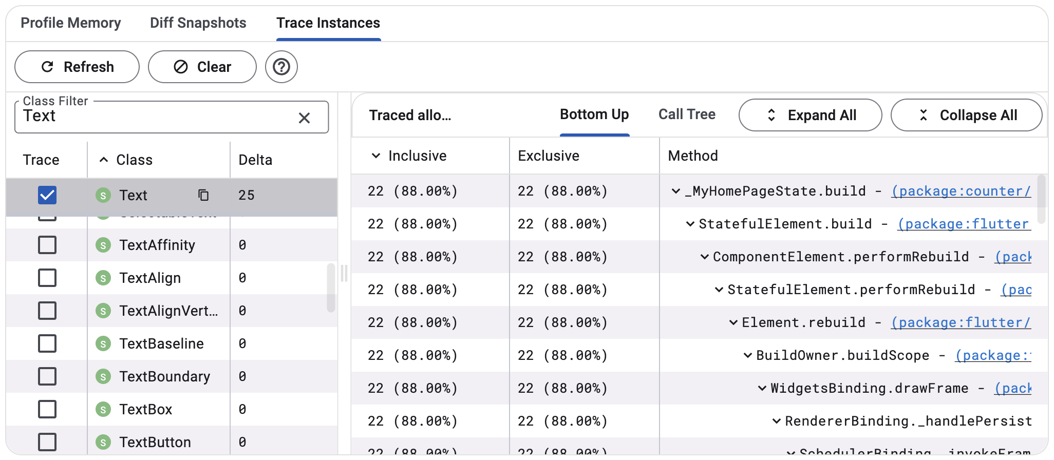 Screenshot of a trace tab